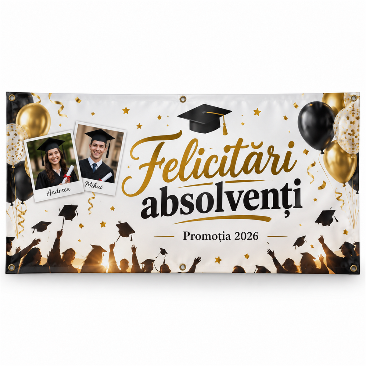 Banner „Felicitări absolvenți” 200×100 cm – exemplu de personalizare