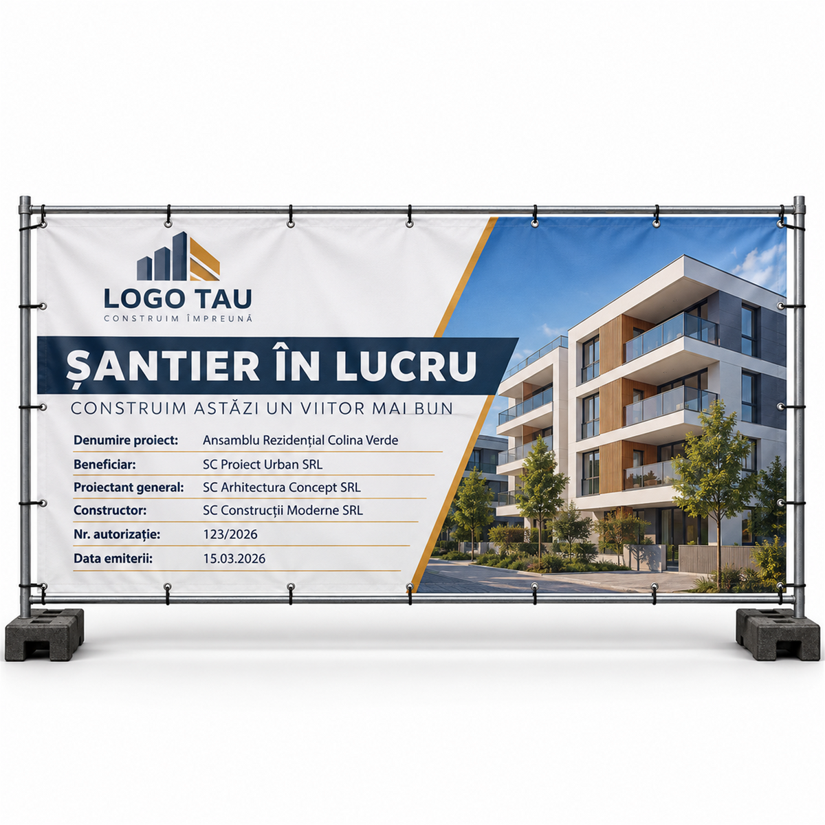 Banner de șantier cu datele firmei, 300 × 100 cm – exemplu de personalizare