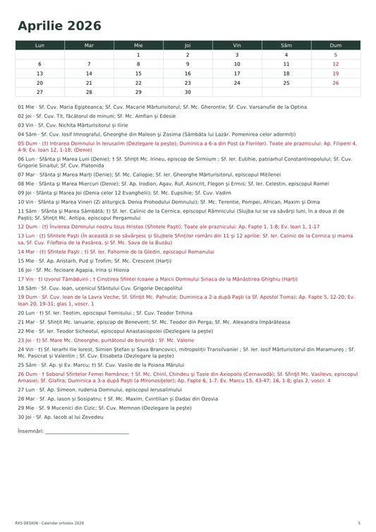 Calendar ortodox 2026 RXS DESIGN — pagină din macheta reală de tipar