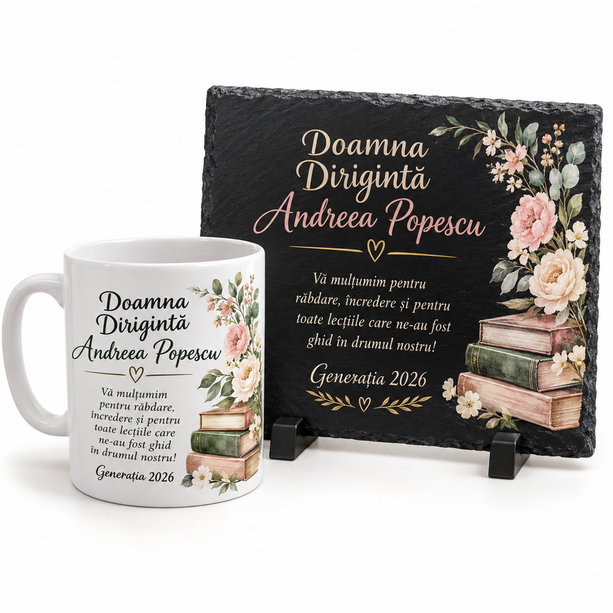 Set cadou diriginte: cană și placă de ardezie – exemplu de personalizare