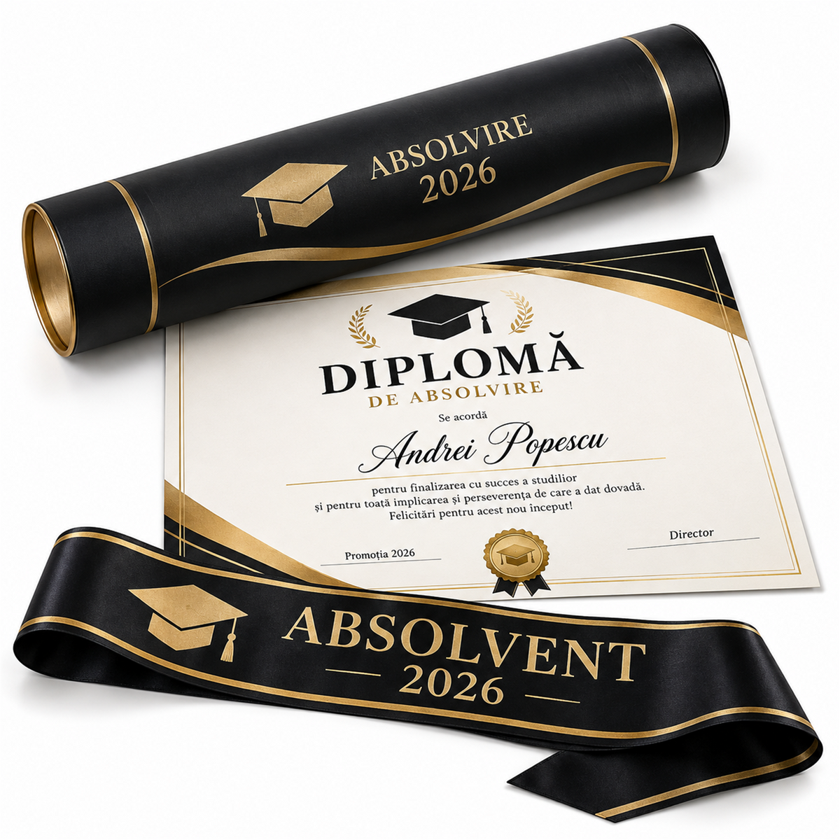 Set diplomă, tub și panglică pentru absolvire – exemplu de personalizare