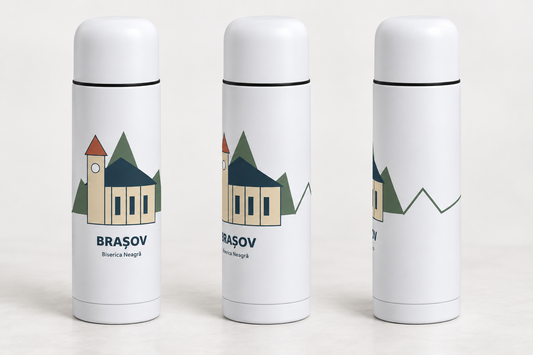 Termos suvenir Brașov și Castelul Bran 500 ml — 3 designuri — Biserica Neagră