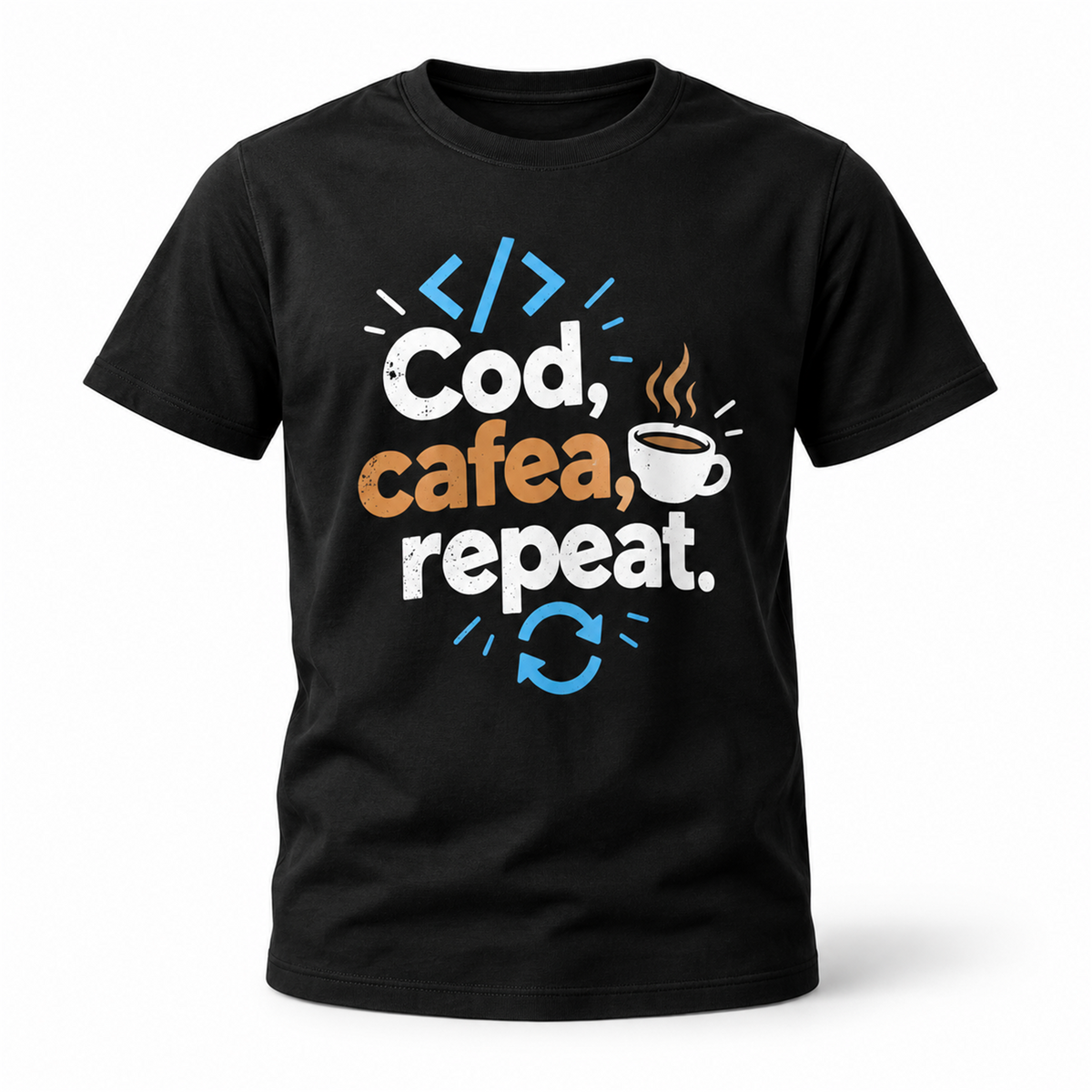 Tricou programator „Cod, cafea, repeat” – exemplu de personalizare