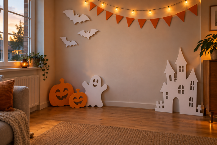 Ilustrație de colț foto Halloween într-un spațiu mic, cu forme decorative și lumină de ambient