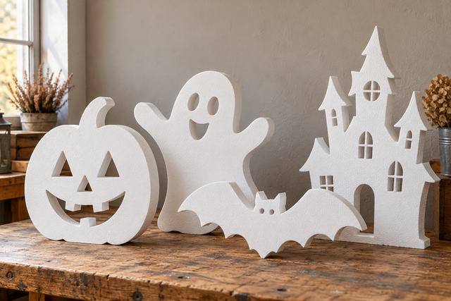 Ilustrație cu decorațiuni Halloween din polistiren alb: dovleac, fantomă, liliac și castel