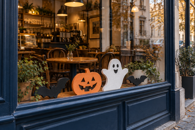 Ilustrație de vitrină de cafenea decorată pentru Halloween cu dovleac, fantomă și lilieci