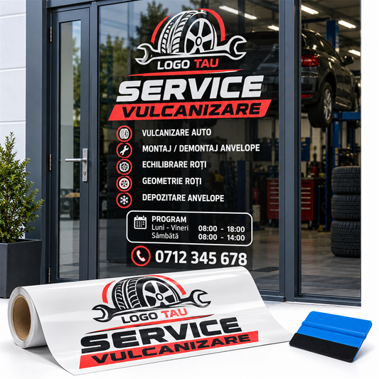 Autocolant de geam „Service / Vulcanizare” cu logo – exemplu de personalizare