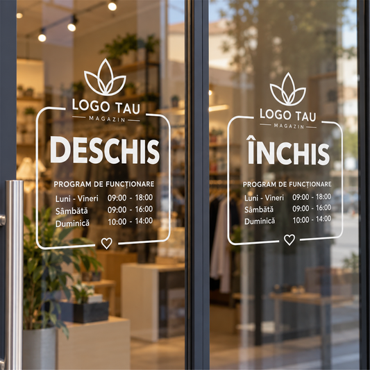 Autocolant de vitrină „Deschis / Închis” personalizat – exemplu de personalizare