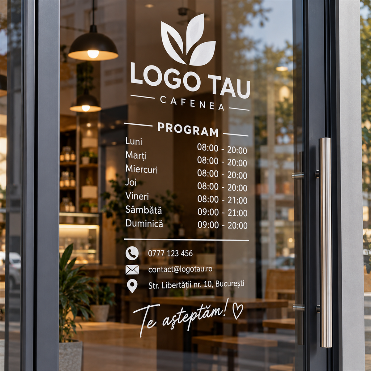 Autocolant de vitrină cu program și logo – exemplu de personalizare