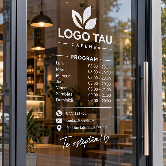 Autocolant de vitrină cu program și logo – exemplu de personalizare