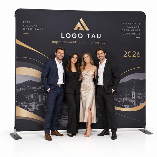 Backdrop foto de eveniment 2 × 2 m cu logo – exemplu de personalizare