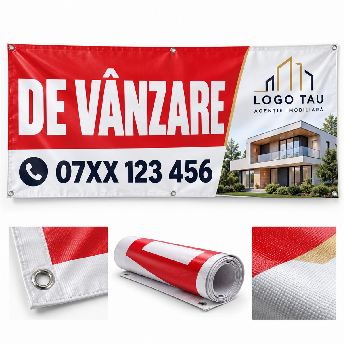 Banner „De vânzare / Închiriez” personalizat, 200 × 100 cm – exemplu de personalizare
