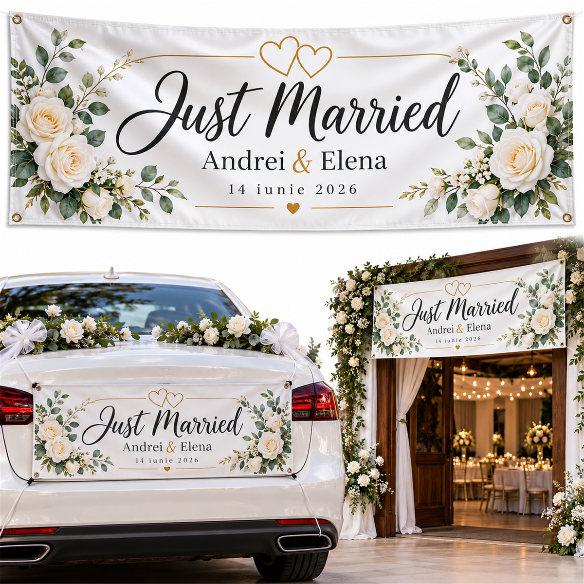 Banner „Just Married” personalizat pentru nuntă – exemplu de personalizare