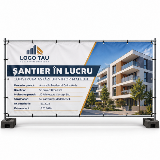 Banner de șantier cu datele firmei, 300 × 100 cm – exemplu de personalizare