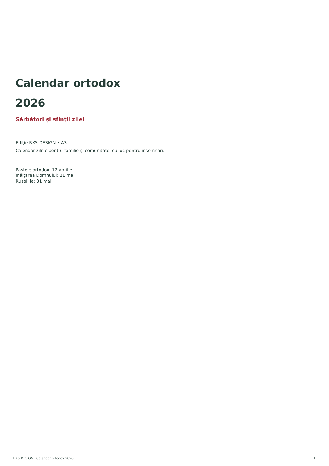 Calendar ortodox 2026 RXS DESIGN — pagină din macheta reală de tipar