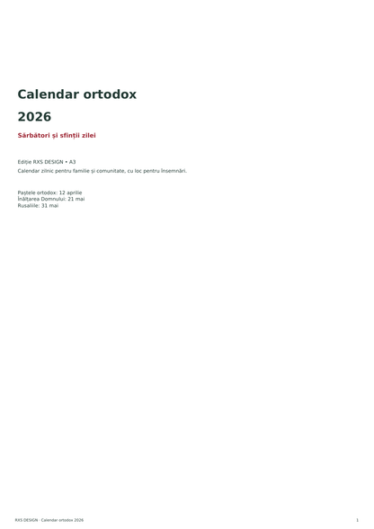 Calendar ortodox 2026 RXS DESIGN — pagină din macheta reală de tipar