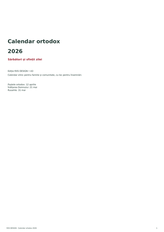 Calendar ortodox 2026 RXS DESIGN — pagină din macheta reală de tipar