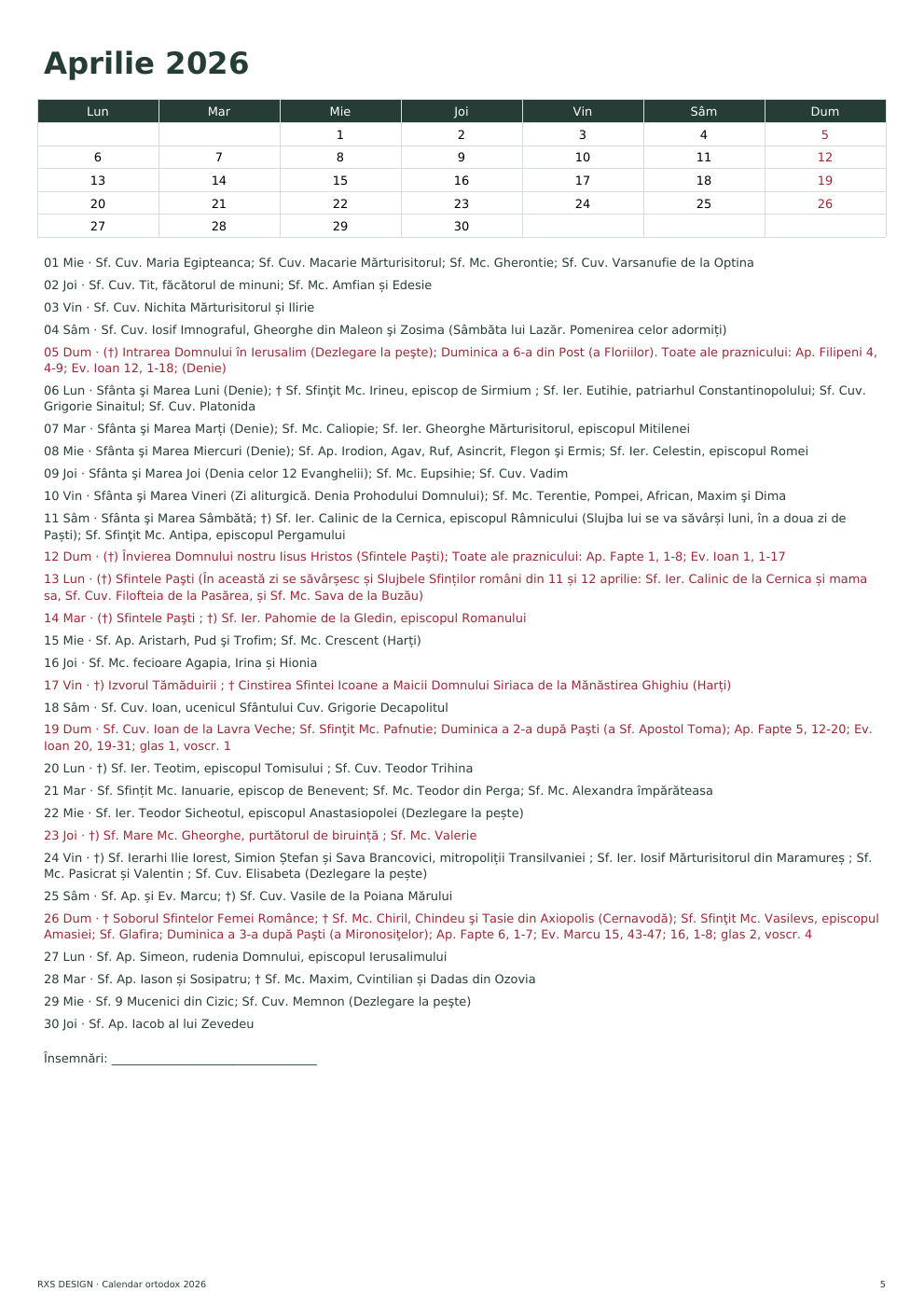 Calendar ortodox 2026 RXS DESIGN — pagină din macheta reală de tipar