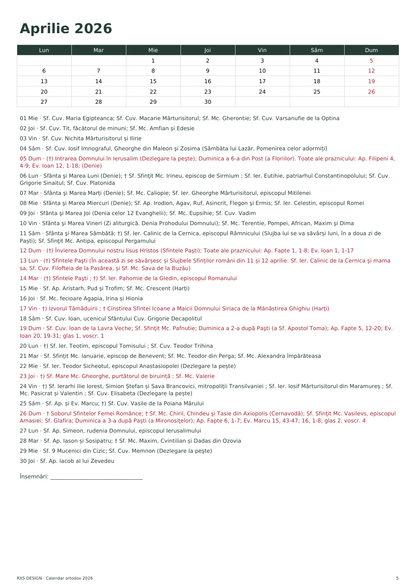 Calendar ortodox 2026 RXS DESIGN — pagină din macheta reală de tipar