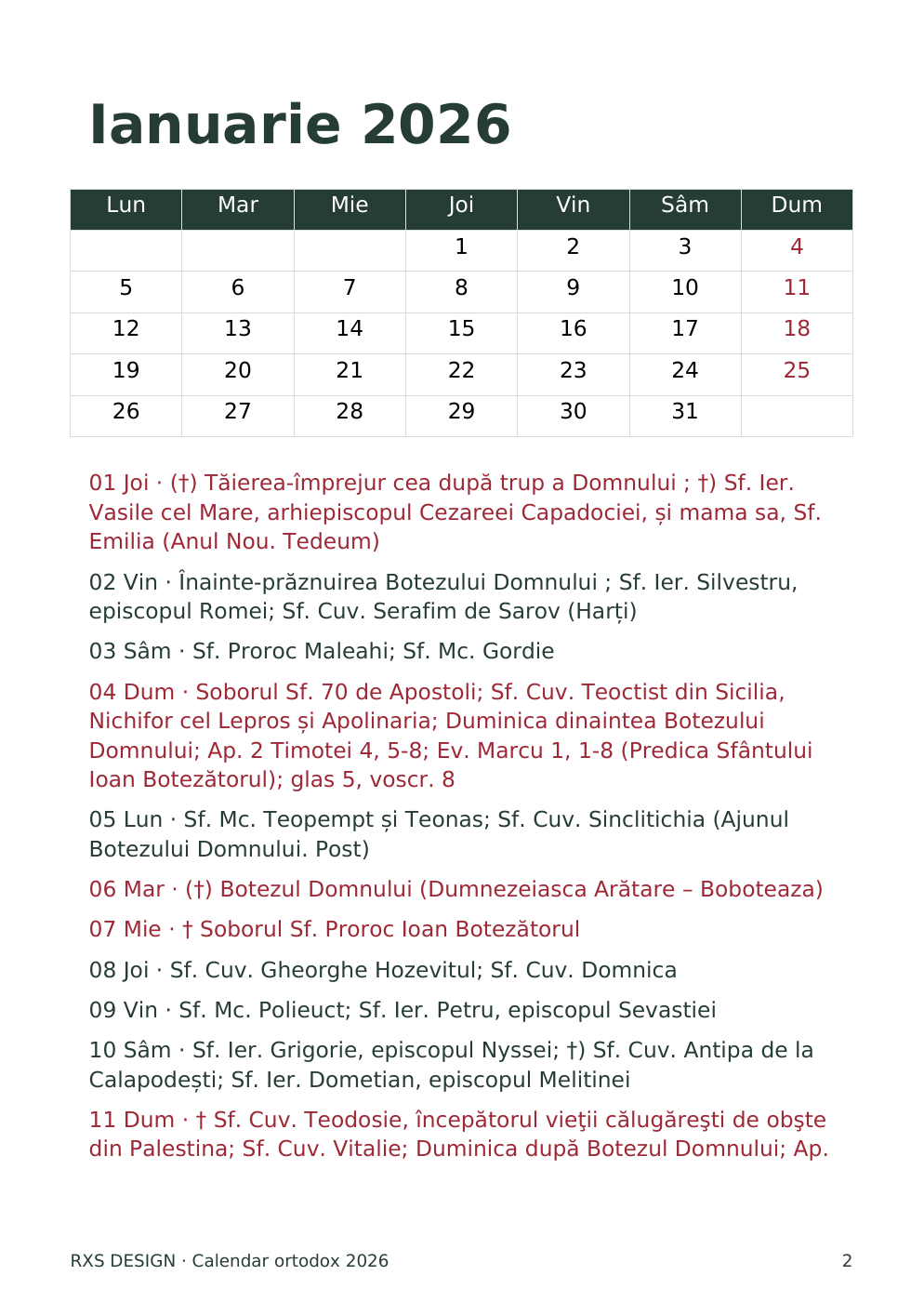 Calendar ortodox 2026 RXS DESIGN — pagină din macheta reală de tipar