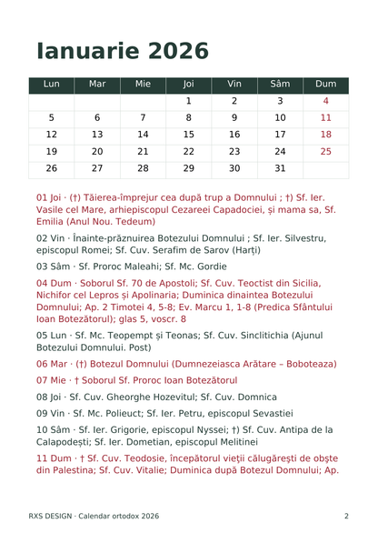 Calendar ortodox 2026 RXS DESIGN — pagină din macheta reală de tipar