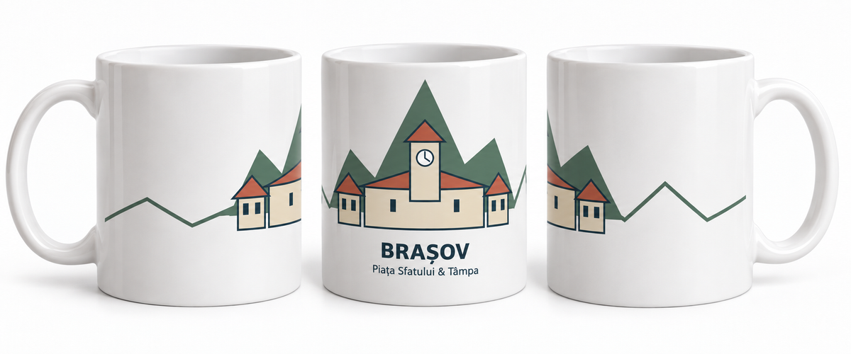 Cană suvenir Brașov și Castelul Bran — 3 designuri panoramice — Piața Sfatului & Tâmpa