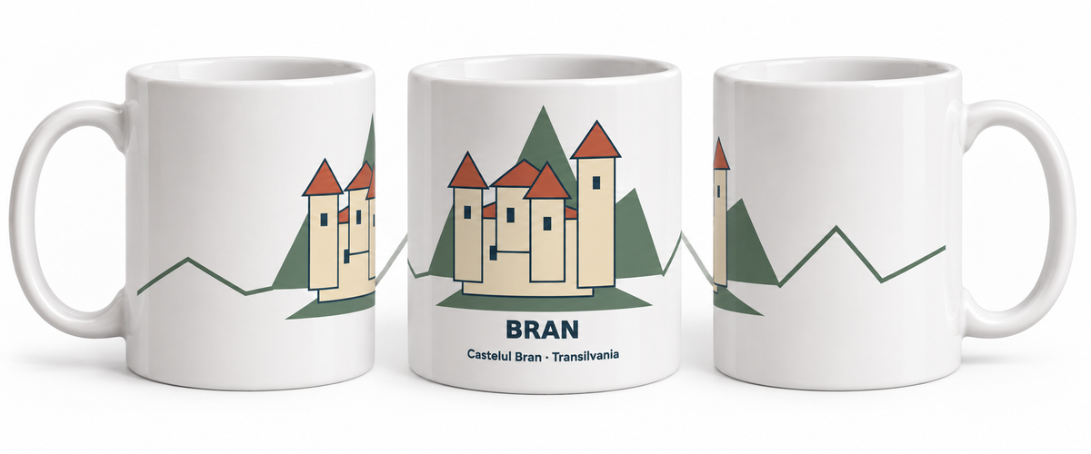 Cană suvenir Brașov și Castelul Bran — 3 designuri panoramice — Castelul Bran · Transilvania