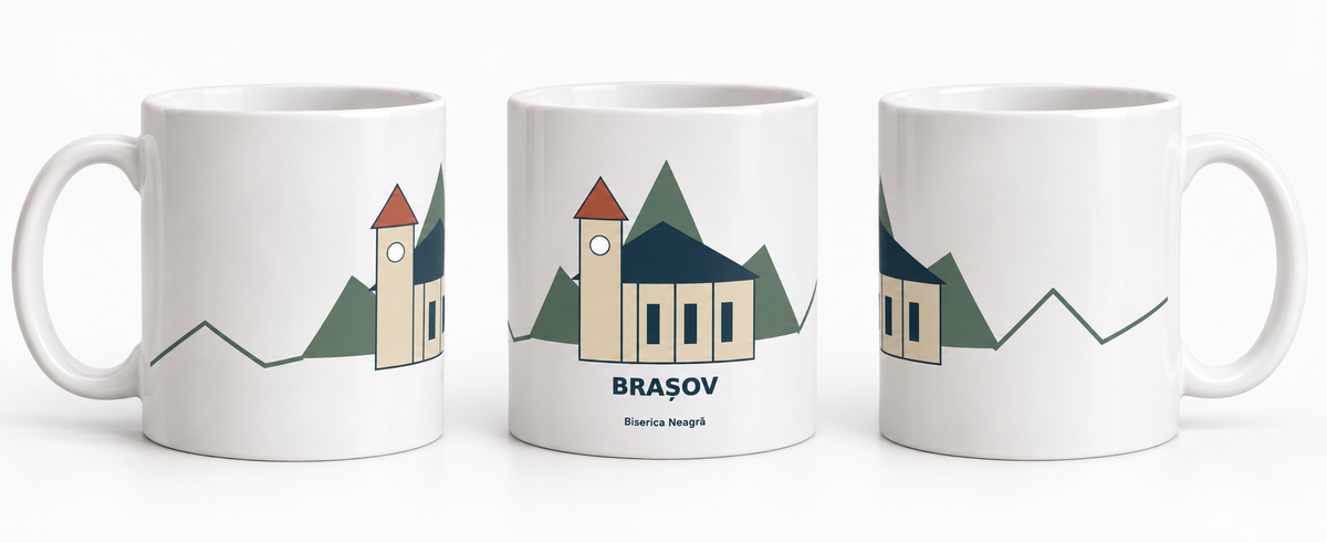Cană suvenir Brașov și Castelul Bran — 3 designuri panoramice — Biserica Neagră
