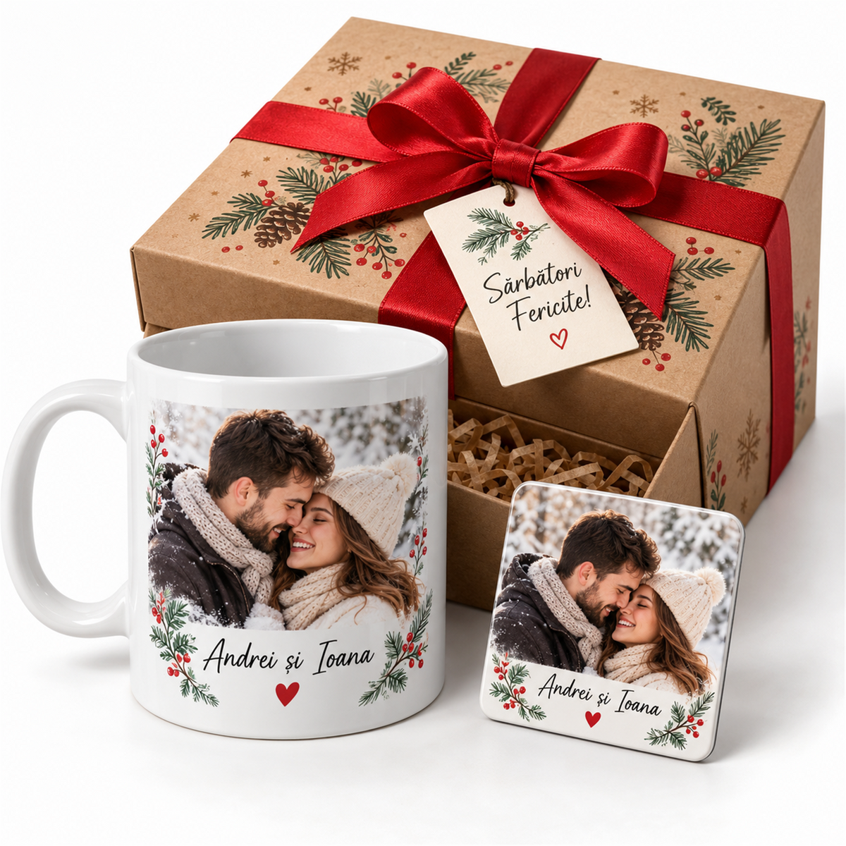 Cutie de Crăciun cu cană și magnet personalizate – exemplu de personalizare