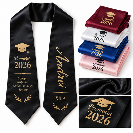 Eșarfă de absolvire personalizată din satin – exemplu de personalizare