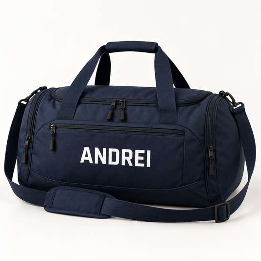 Geantă sport personalizată cu nume – exemplu de personalizare