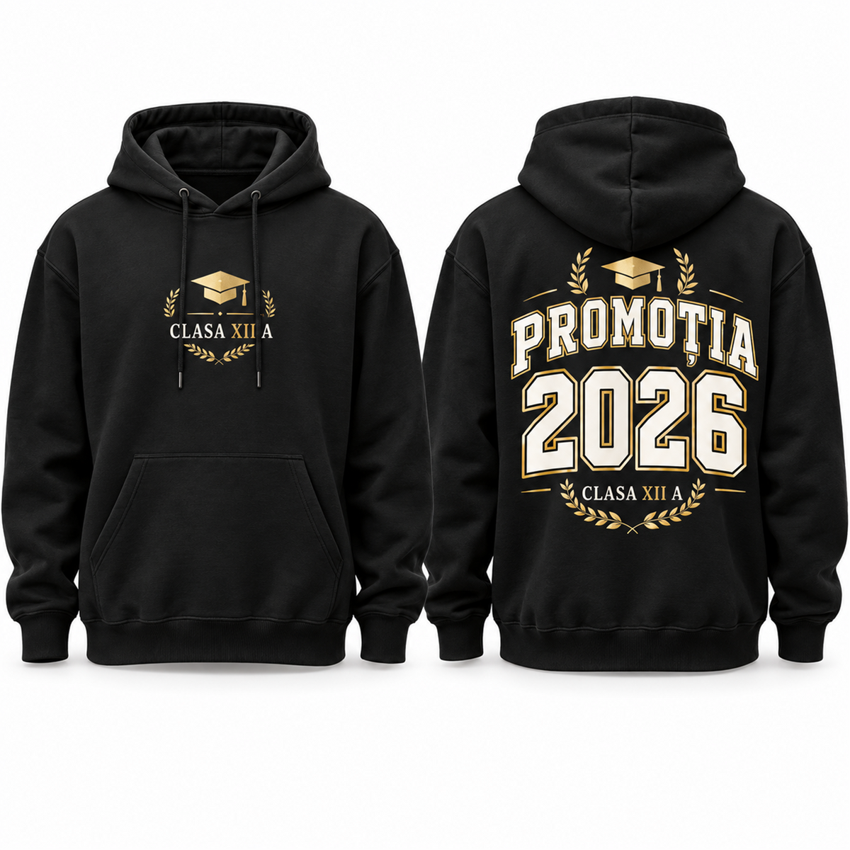 Hanorac de promoție personalizat pentru clasă, negru, față și spate – Promoția 2026, Clasa XII A