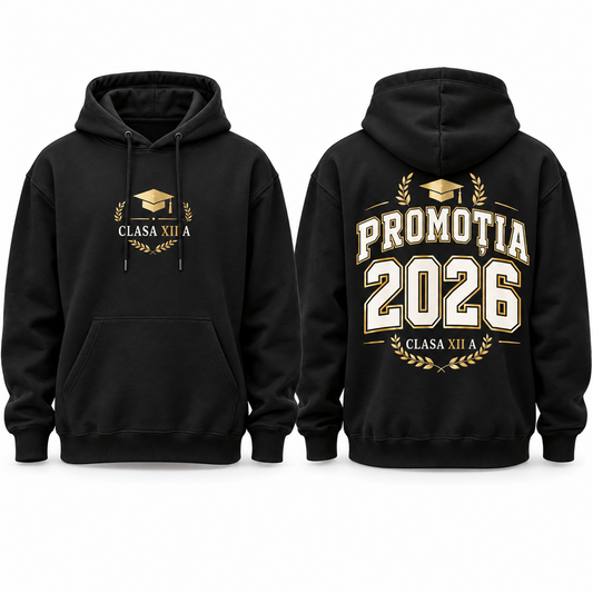 Hanorac de promoție personalizat pentru clasă, negru, față și spate – Promoția 2026, Clasa XII A