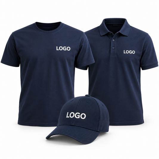 Pachet uniformă firmă: tricou, polo și șapcă cu logo — exemplu de personalizare