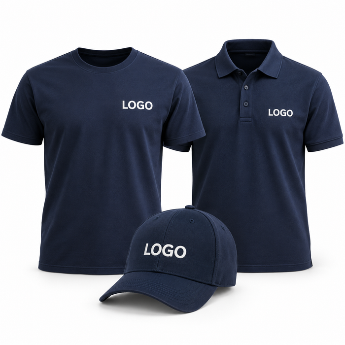 Pachet uniformă firmă: tricou, polo și șapcă cu logo — exemplu de personalizare