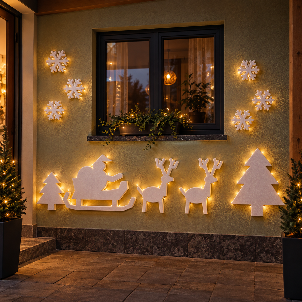 Decor din polistiren alb – prezentare de seară; luminile nu sunt incluse.
