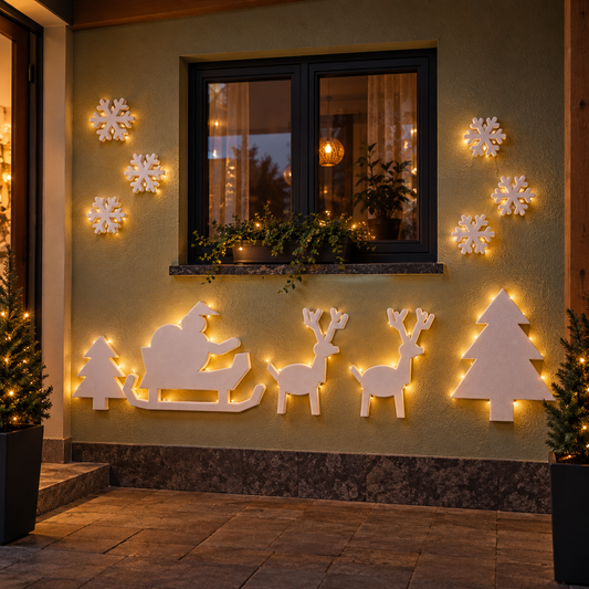 Decor din polistiren alb – prezentare de seară; luminile nu sunt incluse.