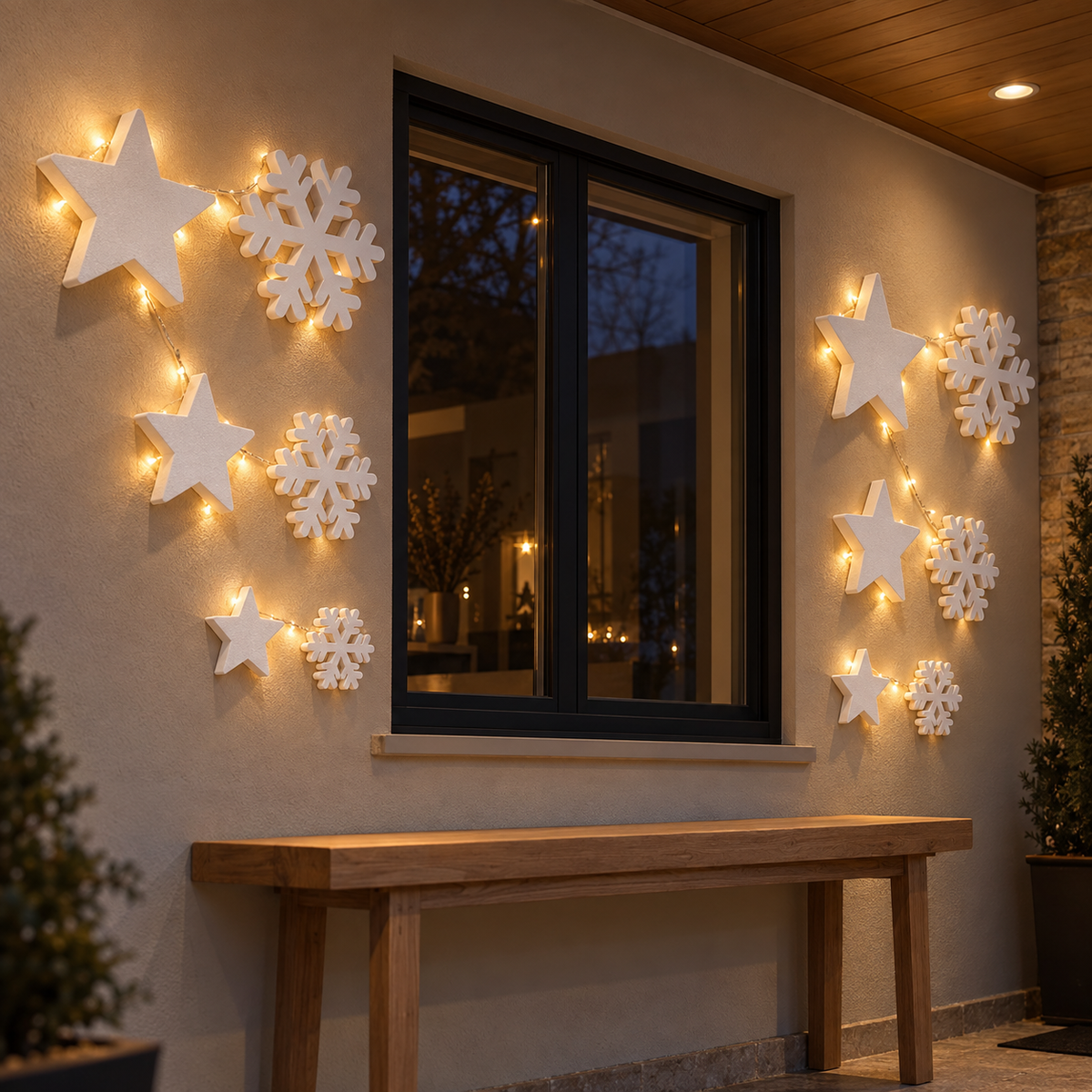 Decor din polistiren alb – prezentare de seară; luminile nu sunt incluse.