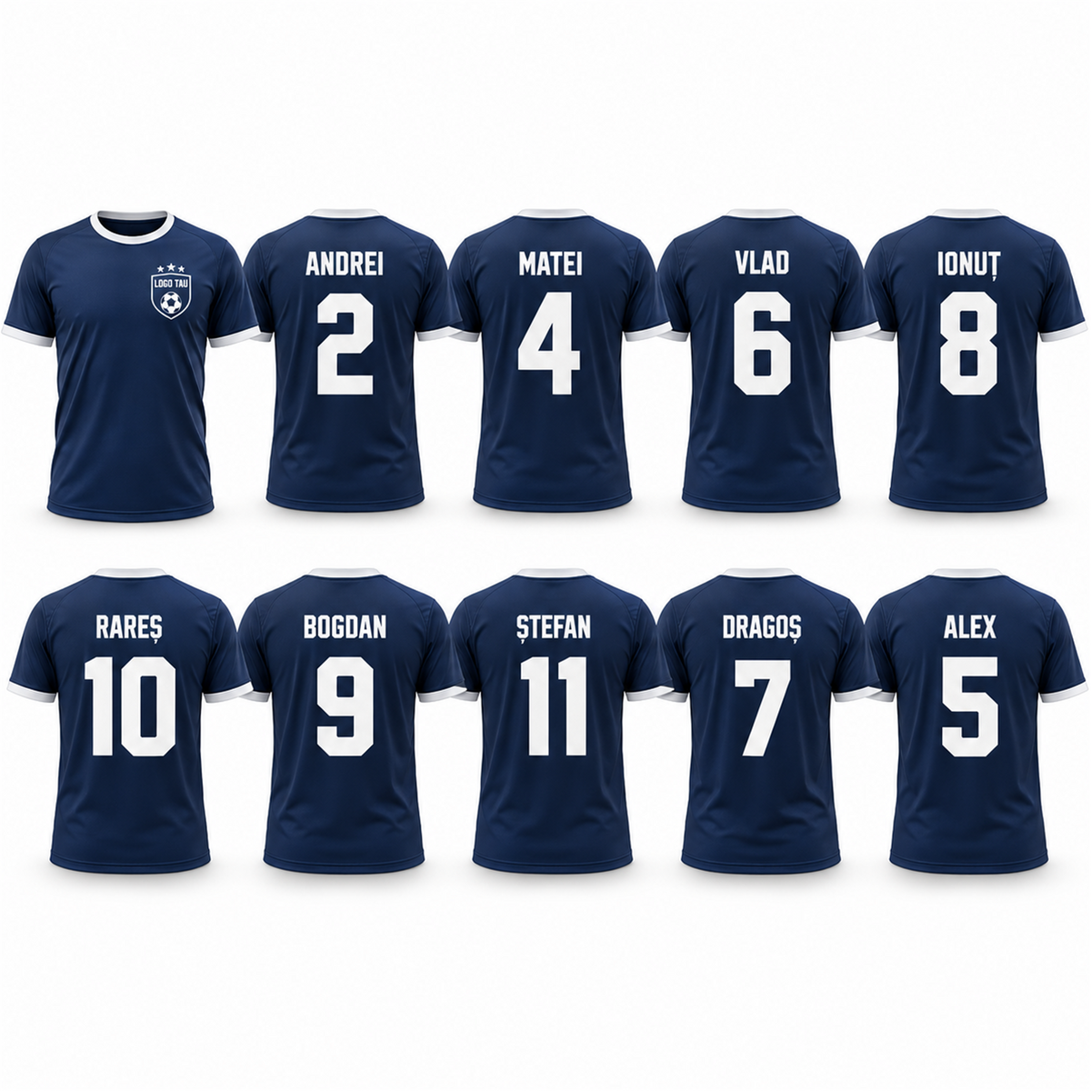 Set 10 tricouri de echipă personalizate cu nume și număr – exemplu de personalizare
