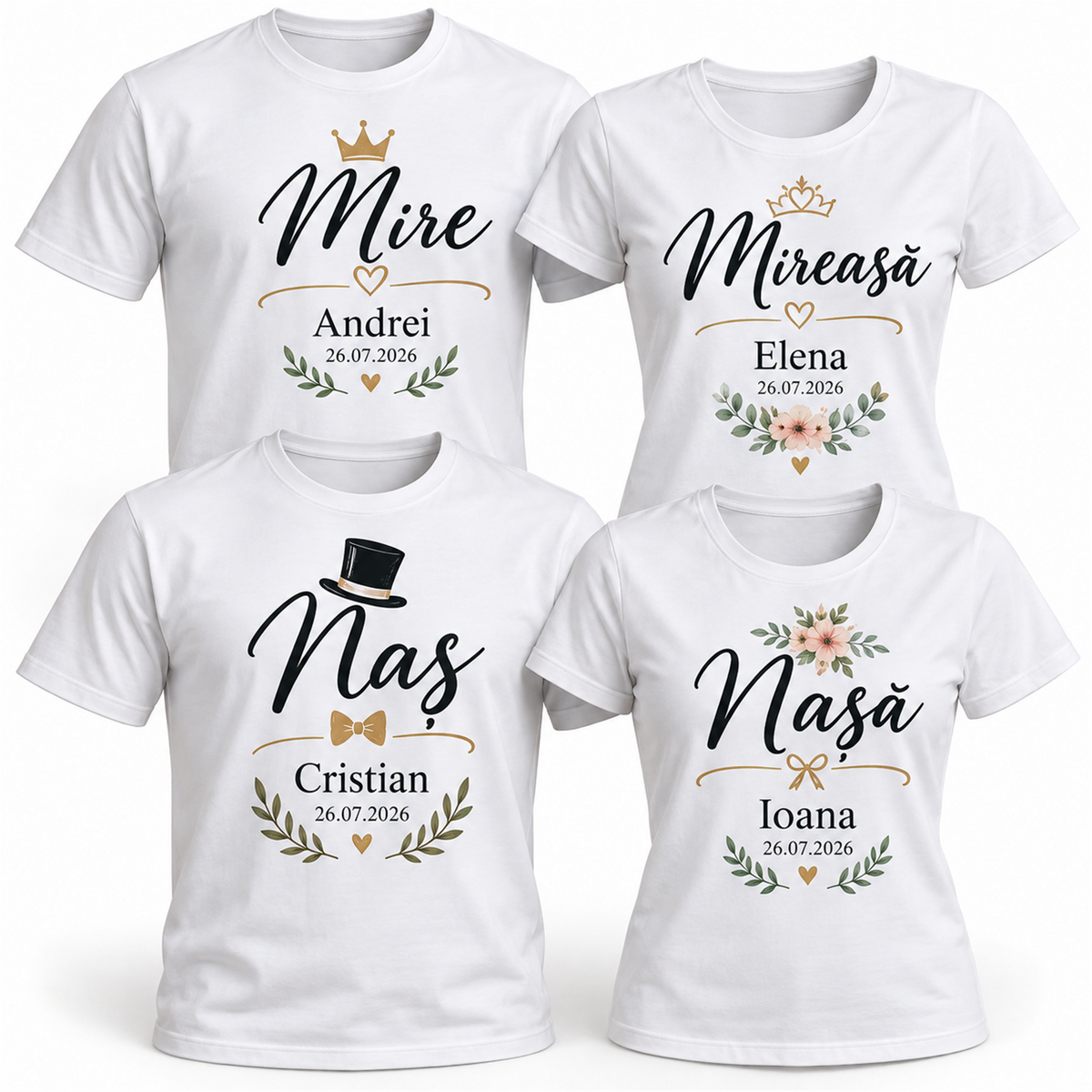 Set 4 tricouri de familie pentru nuntă – exemplu de personalizare