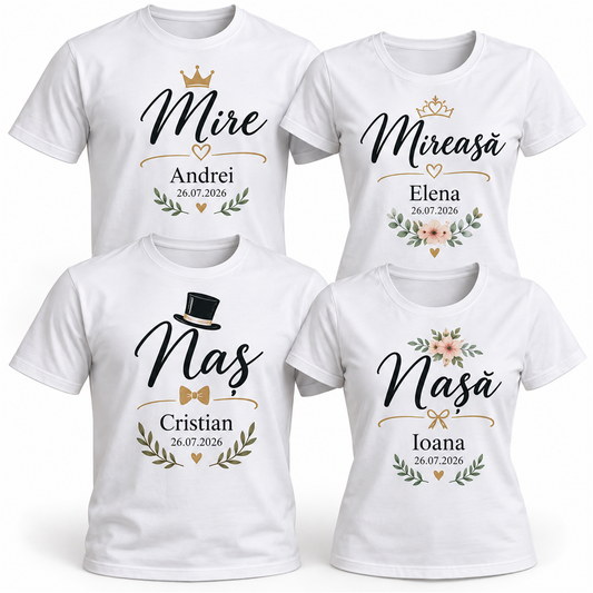 Set 4 tricouri de familie pentru nuntă – exemplu de personalizare