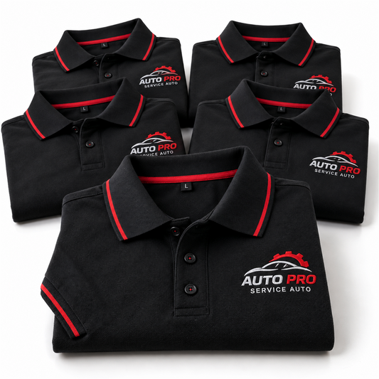 Set 5 tricouri polo brodate pentru service auto – exemplu de personalizare