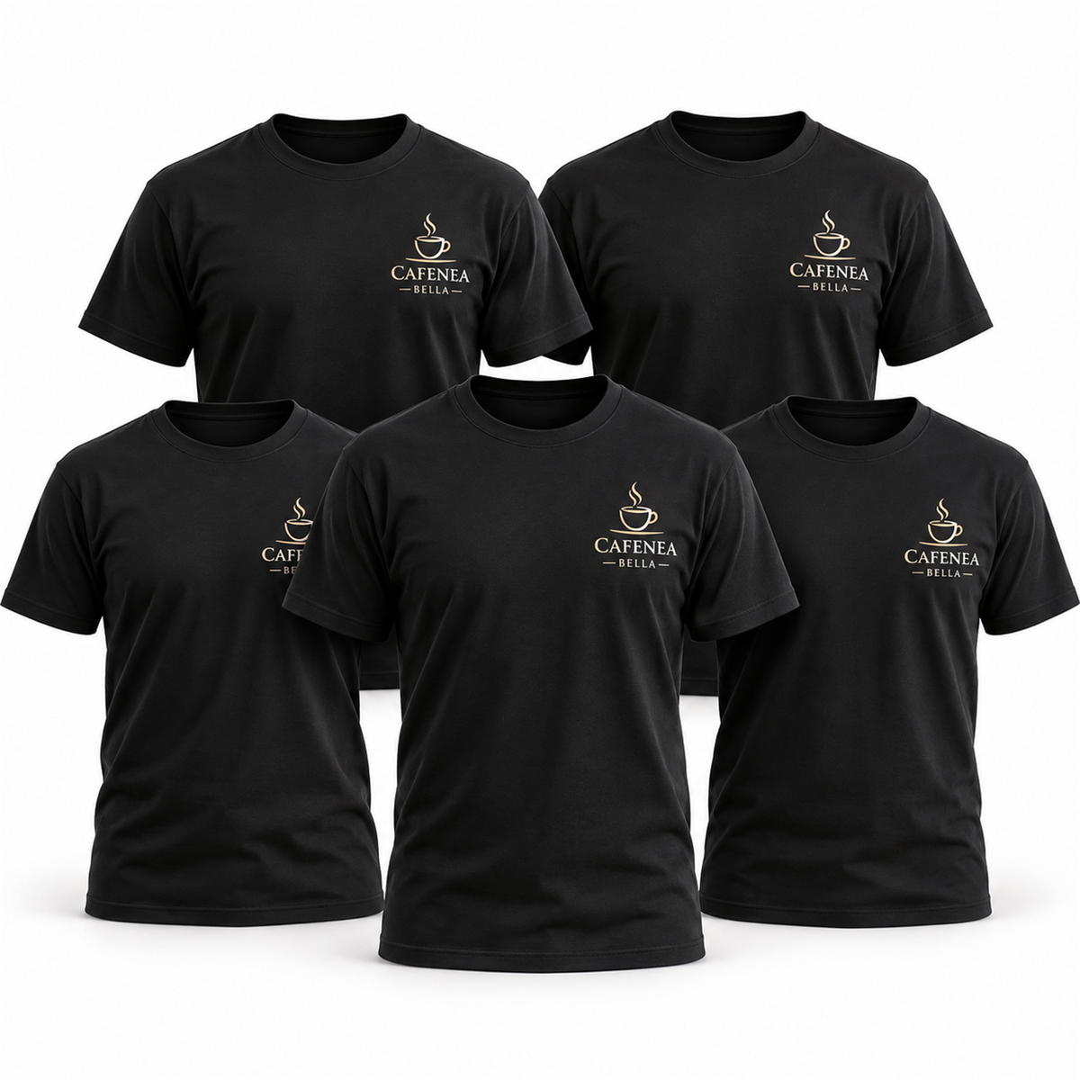 Set 5 tricouri personal pentru restaurant sau cafenea, cu logo – exemplu de personalizare