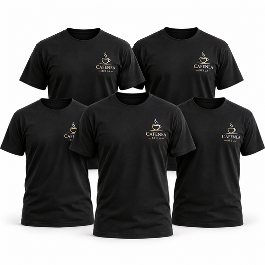 Set 5 tricouri personal pentru restaurant sau cafenea, cu logo – exemplu de personalizare