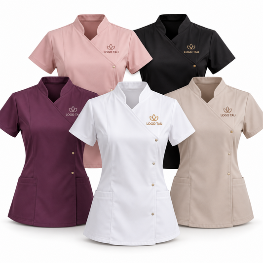 Set 5 tunici personalizate cu logo brodat pentru saloane și cabinete – exemplu de personalizare