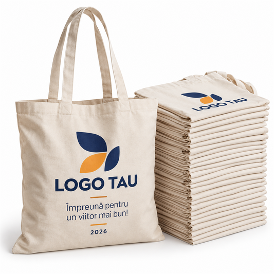 Set 50 sacoșe textile cu logo pentru evenimente – exemplu de personalizare