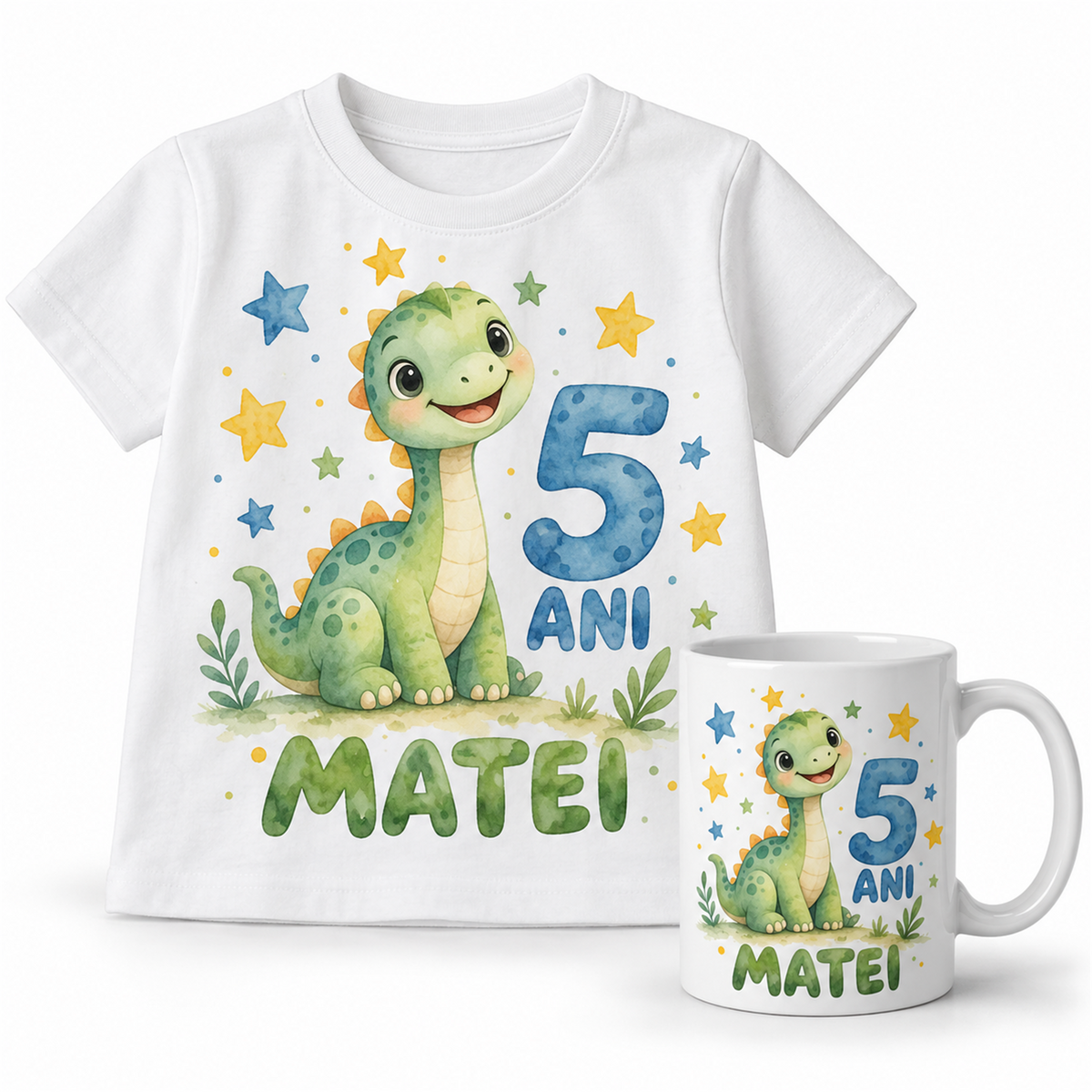 Set aniversare copil: tricou și cană personalizate – exemplu de personalizare
