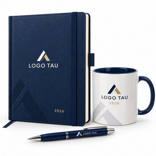 Set cadou corporate: agendă, pix și cană cu logo – exemplu de personalizare