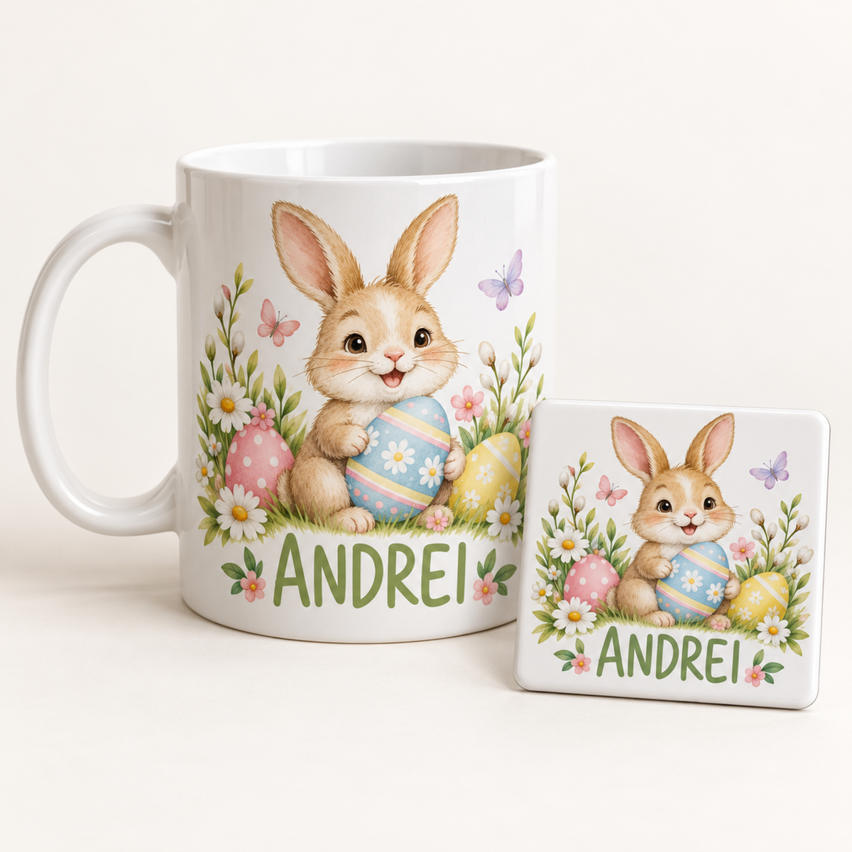 Set cadou Paște: cană și magnet personalizate – exemplu de personalizare