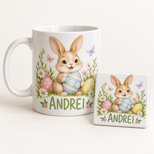Set cadou Paște: cană și magnet personalizate – exemplu de personalizare
